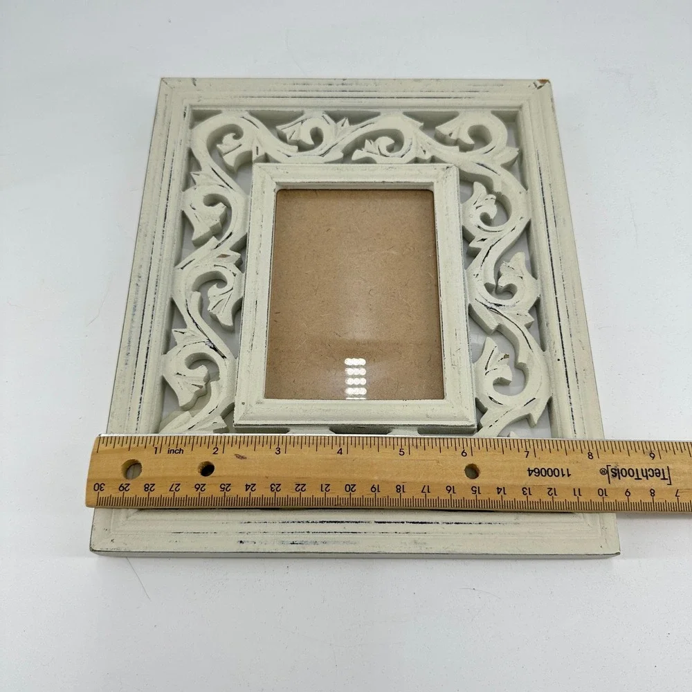 Ornate Distressed Cream Wood Scrollwork Tabletop Picture Frame Shabby Chic